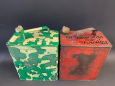 A War Department two gallon petrol cAn, dated 1944 and painted in camouflage colours, plus a GPO two