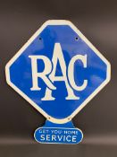 An RAC lozenge shaped double sided enamel sign with enamel attachment for Get-You-Home Service,