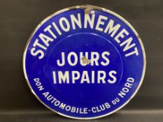 A French blue and white circular enamel parking sign, 28" diameter.