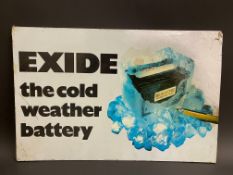 An Exide cold weather battery part pictorial hardboard advertising sign, some retouching top right