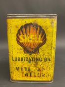 A Shell Lubricating Oil square gallon can.