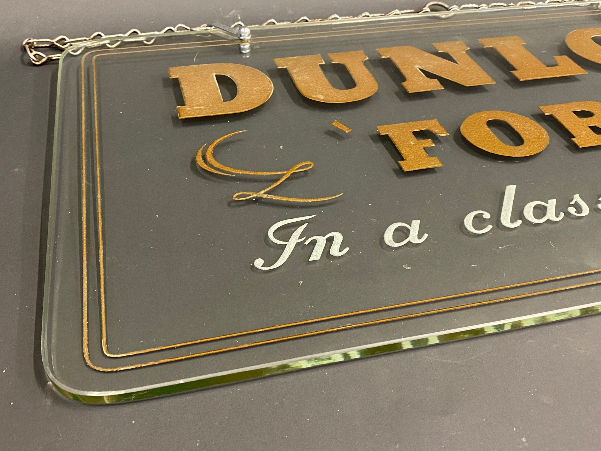 A Dunlop Fort glass showroom sign with reverse etched gilded letters, and hanging chain, 22 x 12". - Image 2 of 6