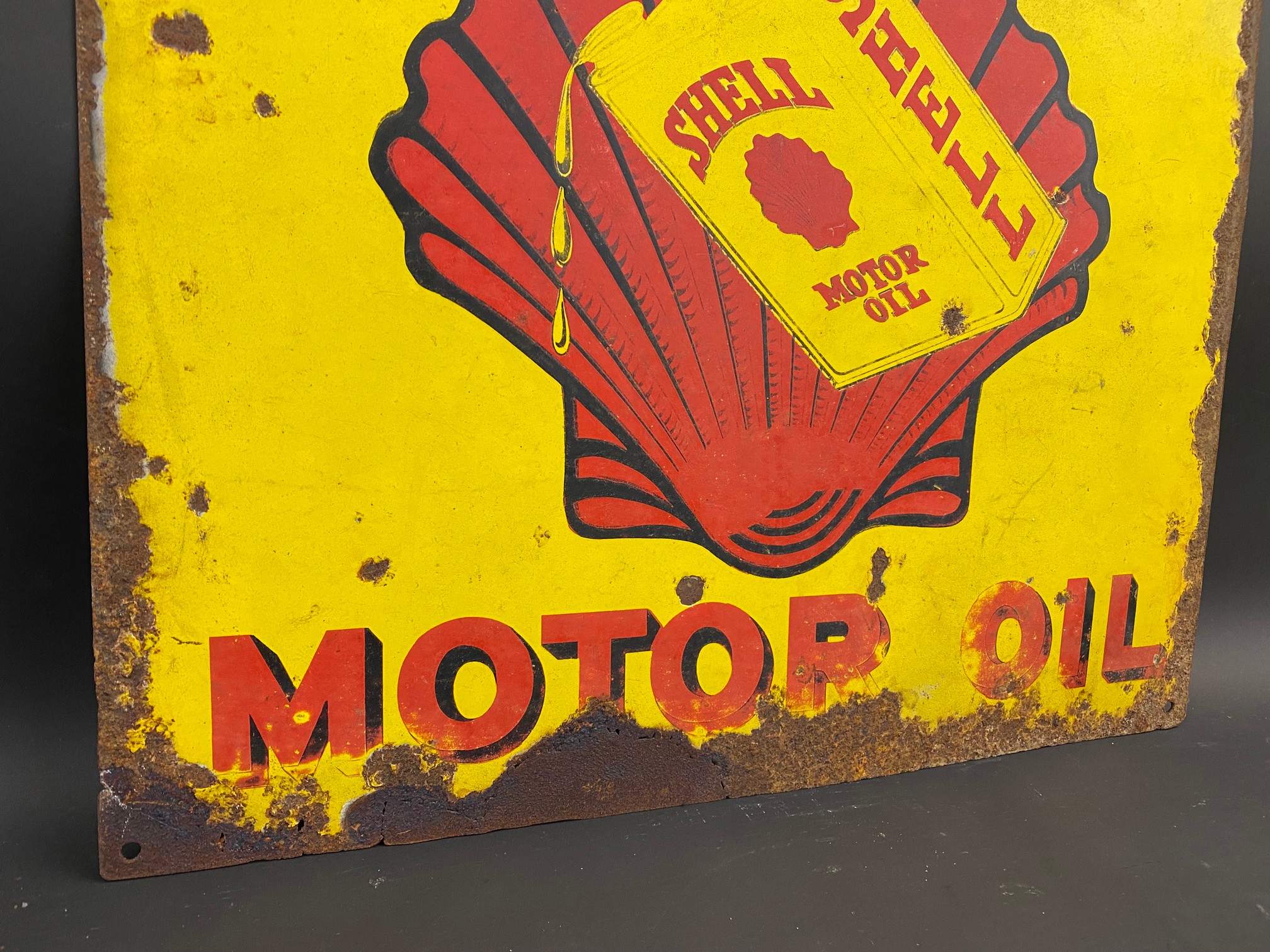 A Shell Motor Oil enamel sign with central dripping can image against a clam motif, 18 x 18". - Image 4 of 5