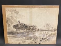 Gordon Horner - an original artwork depicting a single seater pre-war racing car at believed to be