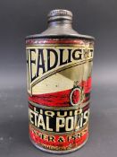 A rarely seen Headlight Liquid Metal Polish tin with an image of an Edwardian motor car to the