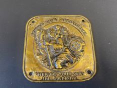 A square embossed brass St Christopher plaque.