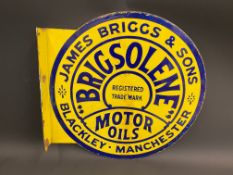 A Brigsolene Motor Oils double sided enamel sign with hanging flange, very good gloss, 18 x 18".