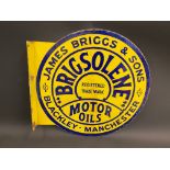 A Brigsolene Motor Oils double sided enamel sign with hanging flange, very good gloss, 18 x 18".