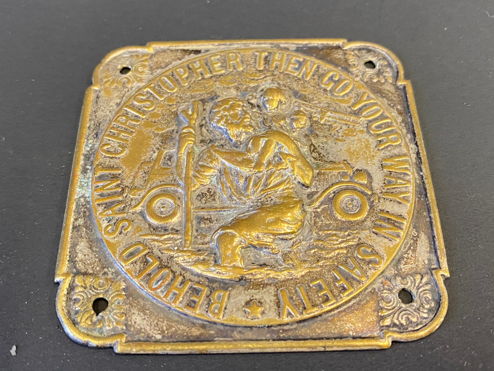 A square nickel plated on brass embossed St Christopher plaque.