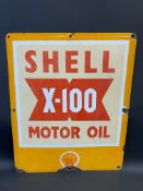 A Shell X-100 Motor Oil rectangular enamel sign, 18 x 22".