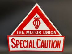 An enamel sign advertising The Motor Union 'Special Caution', in excellent condition, 26 x 22".