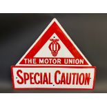 An enamel sign advertising The Motor Union 'Special Caution', in excellent condition, 26 x 22".