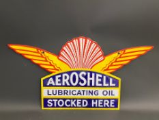 An Aeroshell Lubricating Oil Stocked Here double sided enamel sign in good condition, with some