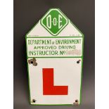 A Department of Environment Approved Driving Instructor enamel 'L' plate, 7 1/2 x 13".