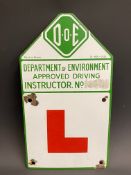 A Department of Environment Approved Driving Instructor enamel 'L' plate, 7 1/2 x 13".