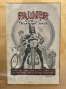 A framed and glazed Palmer Cord and Flexicord Tyres pictorial advertisement, 12 1/2 x 15 3/4".