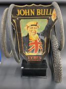 A circa 1930s John Bull Tyres Inn-Sign Display no. 912 die-cut showcard, on a wooden stand, 40" h