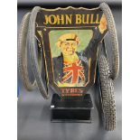 A circa 1930s John Bull Tyres Inn-Sign Display no. 912 die-cut showcard, on a wooden stand, 40" h
