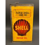 A Shell Motor Oil 'Triple Shell SAE 50'gallon can of bright colour.