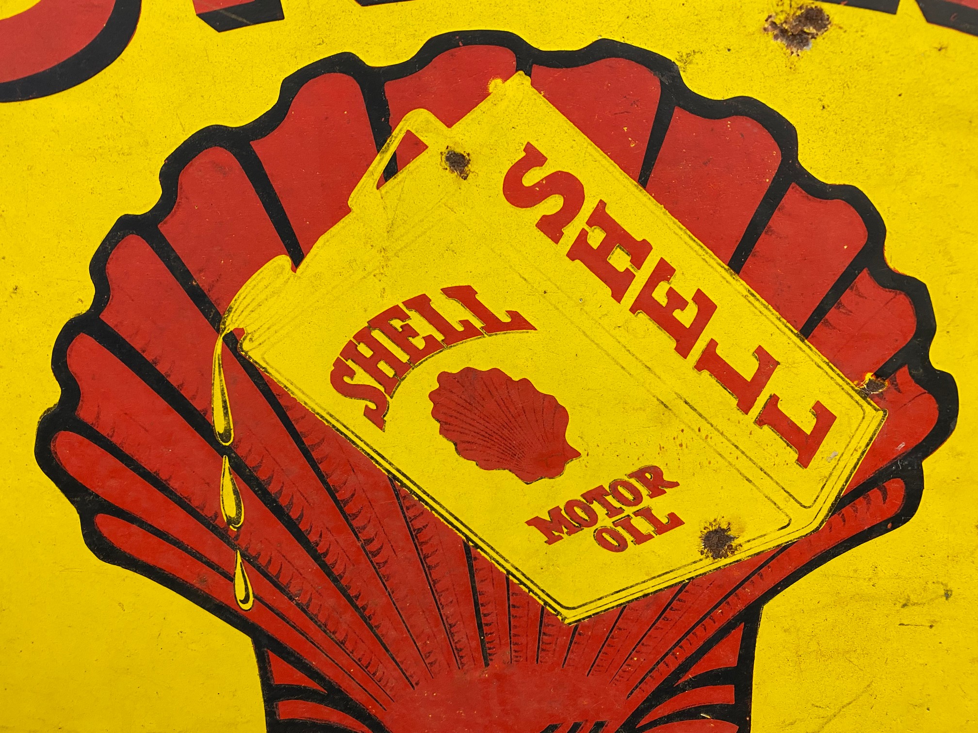 A Shell Motor Oil enamel sign with central dripping can image against a clam motif, 18 x 18". - Image 3 of 5