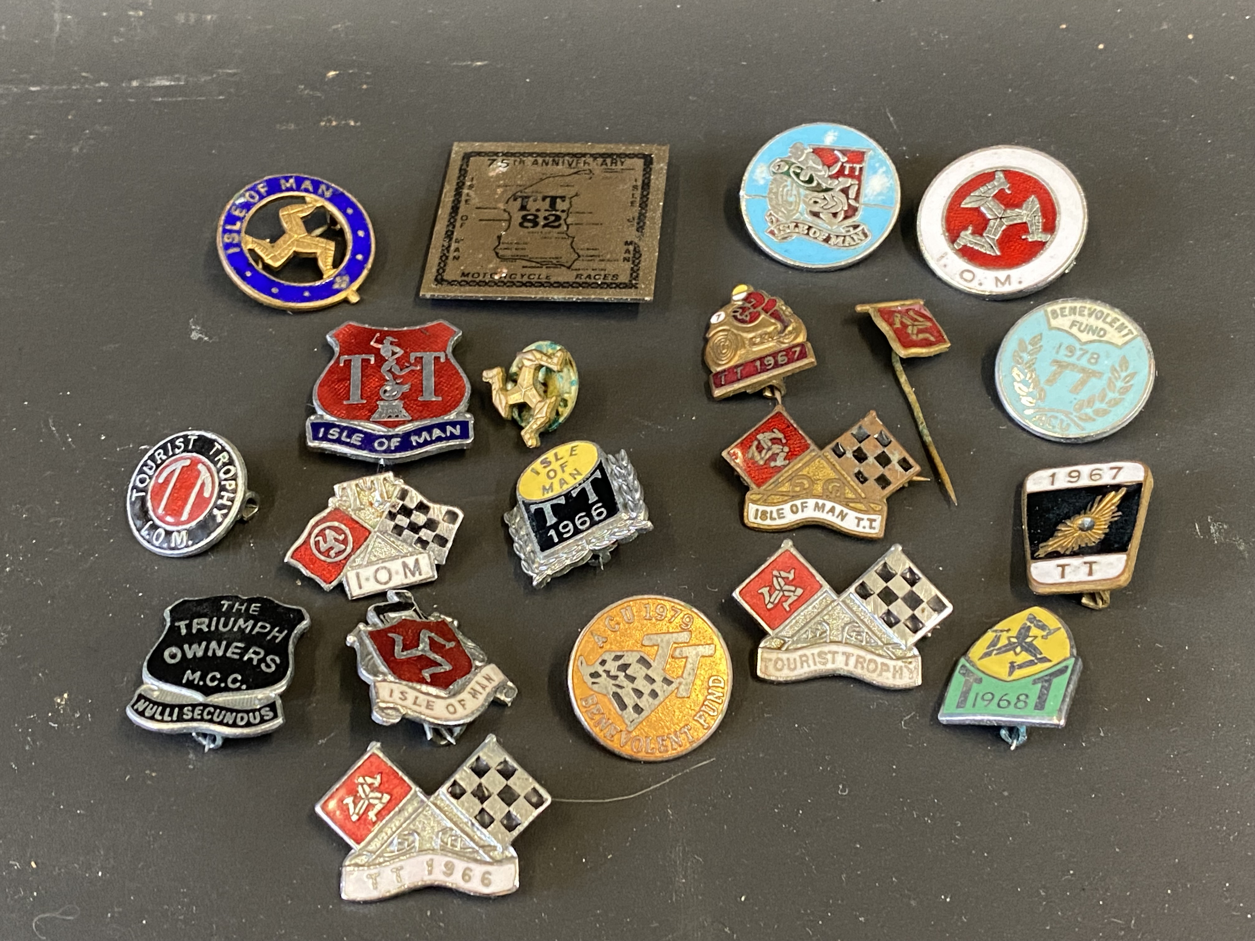 A selection of Isle of Man TT enamel lapel badges, some from the 1960s.