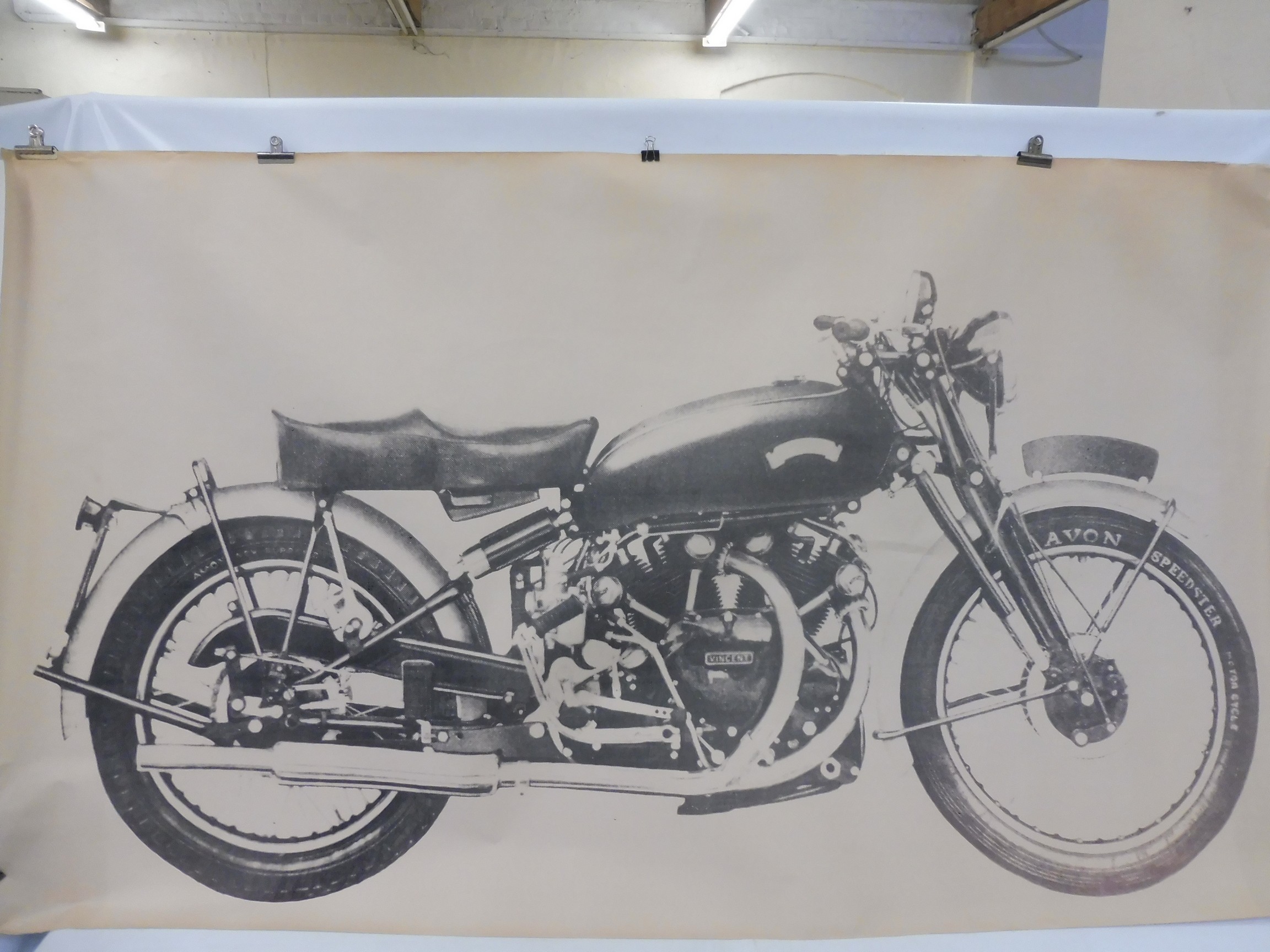 A very large circa 1970s scale study of a Vincent in side profile, 73 1/4 x 42".