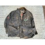 A Belstaff Trialmaster wax jacket and liner, with some enamel badges attached including Woburn