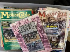 A collection of motorcycle magazines plus a single volume titled 'British Motorcycles of the 60'