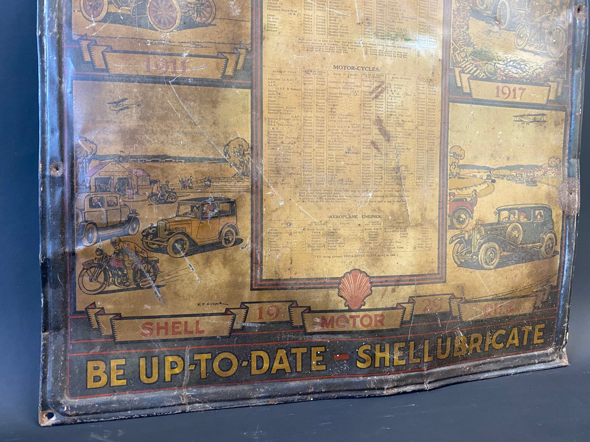 A Shell Motor Lubricating Oils pictorial tin advertising sign, for 1929, 20 x 29 1/2". - Image 4 of 5