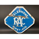 An RAC Telephone First Aid lozenge shaped enamel sign, 22 3/4 x 22".