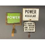 Two small Power petrol pump brand indicator signs plus an enamel sight glass sign.