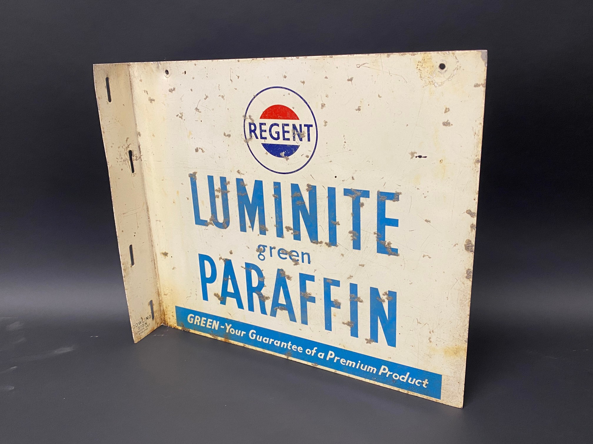 A small Regent Luminite green Paraffin double sided aluminium advertising sign with hanging flange - Image 3 of 3