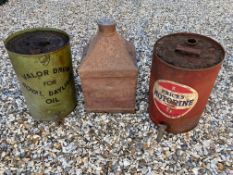 A Motorine five gallon drum, another for Valor and an AAOC rectangular pyramid can.