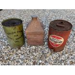 A Motorine five gallon drum, another for Valor and an AAOC rectangular pyramid can.