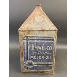 A rarely seen Emwelco 'Economy' Motor Oil five gallon pyramid can.
