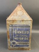 A rarely seen Emwelco 'Economy' Motor Oil five gallon pyramid can.