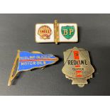 A Redline-Glico enamel lapel badge, a Redline Super badge and a third for Shell-BP.