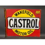 A Wakefield Castrol Motor Oil rectangular double sided enamel sign with hanging flange by Stocal,