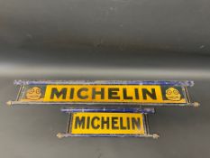 Two Michelin tyre rack double sided signs, the largest 34 x 5".