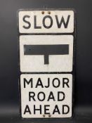 A large road sign for Slow Major Road Ahead, 14 x 27 1/2".