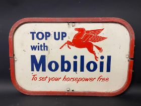 A garage forecourt oil bottle/can trolley double sided pediment sign advertising Mobiloil, 20 1/2