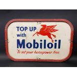 A garage forecourt oil bottle/can trolley double sided pediment sign advertising Mobiloil, 20 1/2