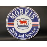 A Morris Sales and Service circular double sided enamel sign, 28 1/2" diameter.