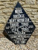 An early cast iron lozenge shaped road sign - Notice This Bridge is insufficient to carry a Heavy