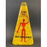 A Shell Lubricating Oil 'Golden Shell' quart triangular can with robot/stick man motifs.