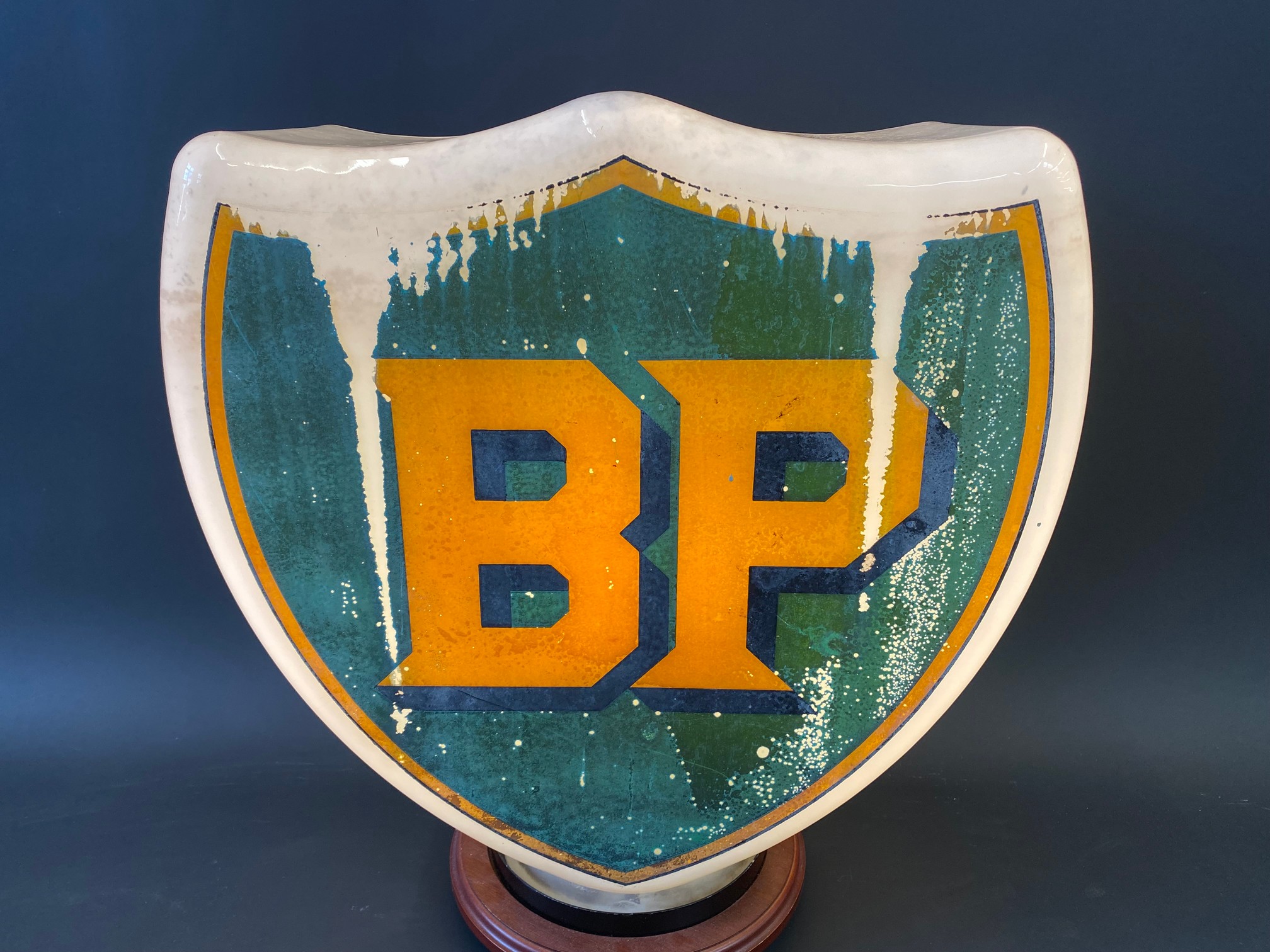 A BP shield shaped glass petrol pump globe by Hailware, fully stamped underneath. - Image 2 of 5