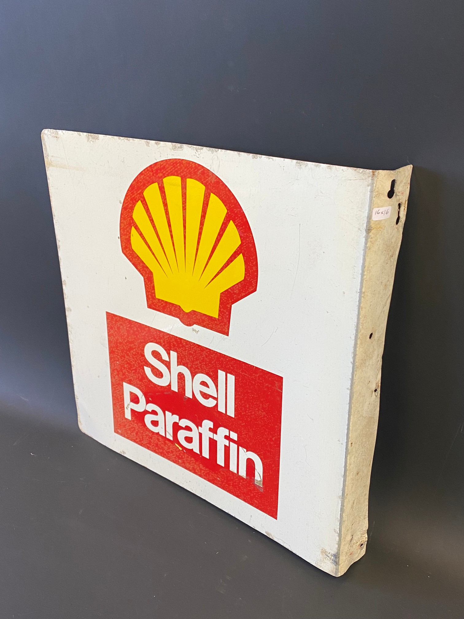A Shell Paraffin double sided tin advertising sign with hanging flange, 16 x 16". - Image 3 of 3