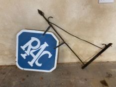 An RAC lozenge shaped double sided enamel sign with hanging bracket, the sign measures 22 x 21 1/