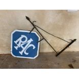 An RAC lozenge shaped double sided enamel sign with hanging bracket, the sign measures 22 x 21 1/