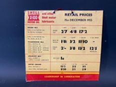 A small Shell X-100 Motor Oil retail price chart for 15th December 1955, 9 x 8 1/2